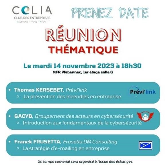 Information sur une réunion thématique proposée par le Club des entreprises Légendes, Iroise, Abers, le 14 novembre à 18h30 à Plabennec : prévention des incendies en entreprise, cybersécurité et stratégie e-mailing en entreprise.